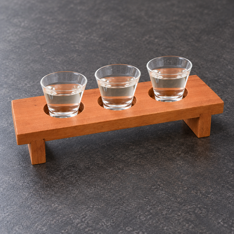 WCT-1 wooden sake sampler tray with three small glasses