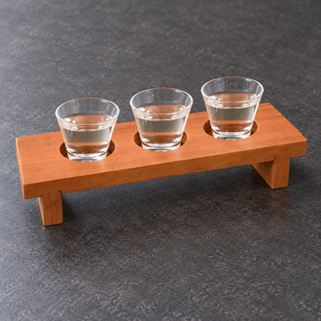 Sake Sampler Tray Wooden. Serving suggestion.