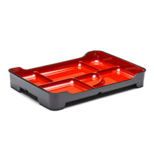 Lacquer Lunch Tray 6-Compartment 14", Black/Red. Angled product view.