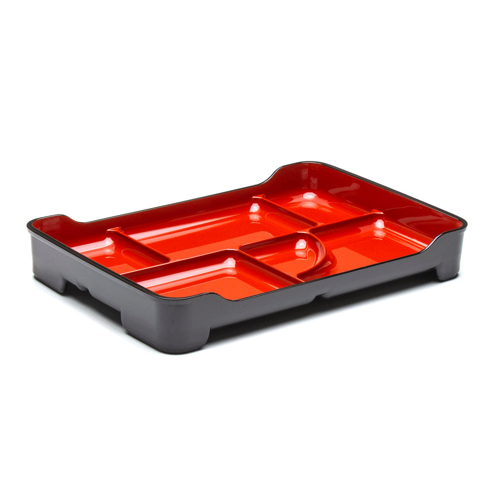 Lacquer Lunch Tray 6-Compartment 14", Black/Red. Angled product view.