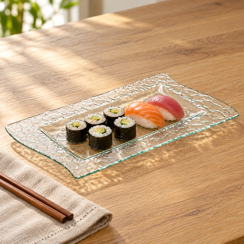 XL-36Y clear flat-rim rectangular glass platter serving sushi in daylight
