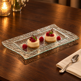 XL-36Y clear flat-rim rectangular glass platter with petite desserts and raspberries