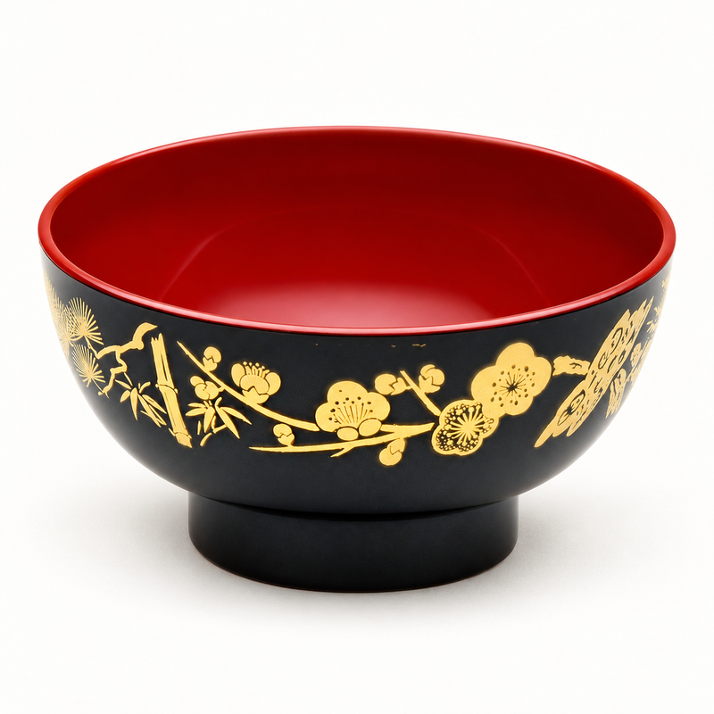 Pine, Bamboo & Plum Lacquer-Finish Soup Bowl — 4½ in
