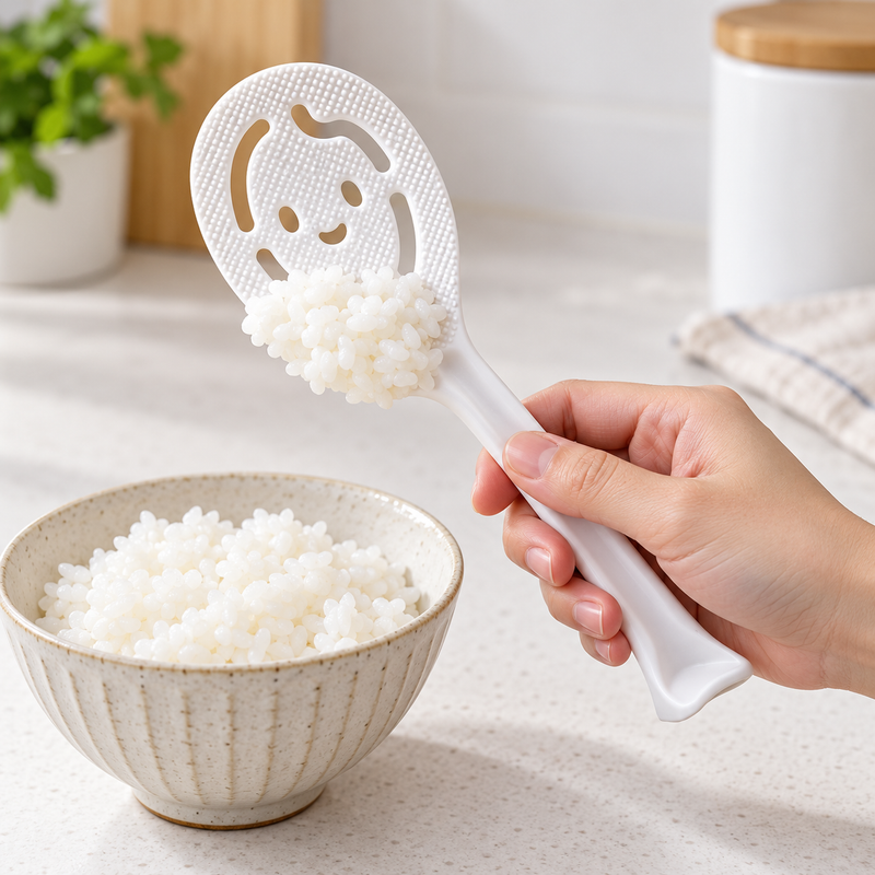 White rice paddle with face-shaped openings held over a rice bowl