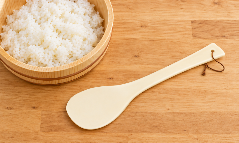 YE-109 plastic rice spatula beside a tub of cooked rice