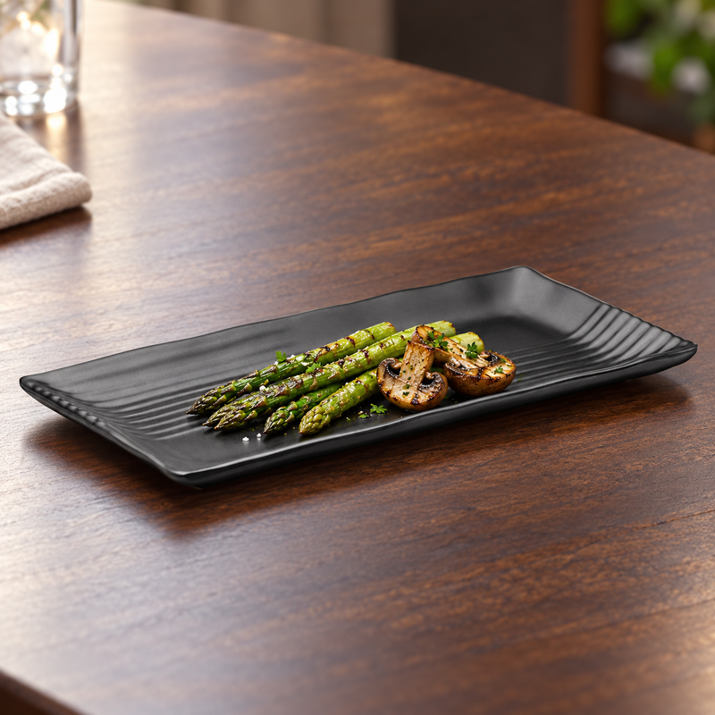 YG-5012MB grooved matte black platter with asparagus and mushrooms