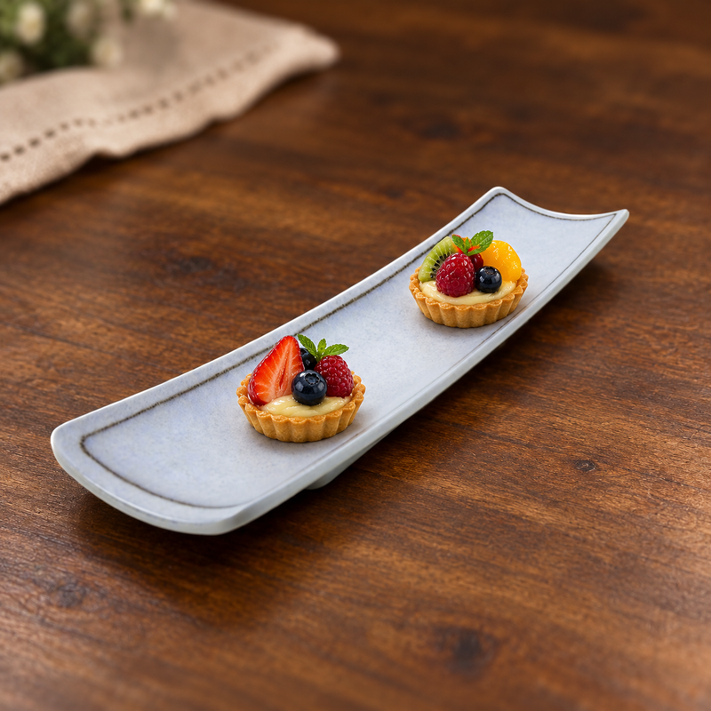 YG-5013BS rectangular plate with two fruit tartlets on a wood table