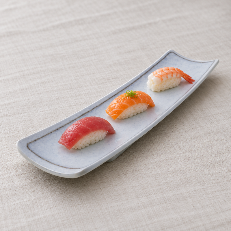 YG-5013BS rectangular plate with three nigiri on a linen table