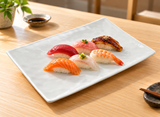 YG-59139SW white rectangular melamine platter with six nigiri on a wooden table