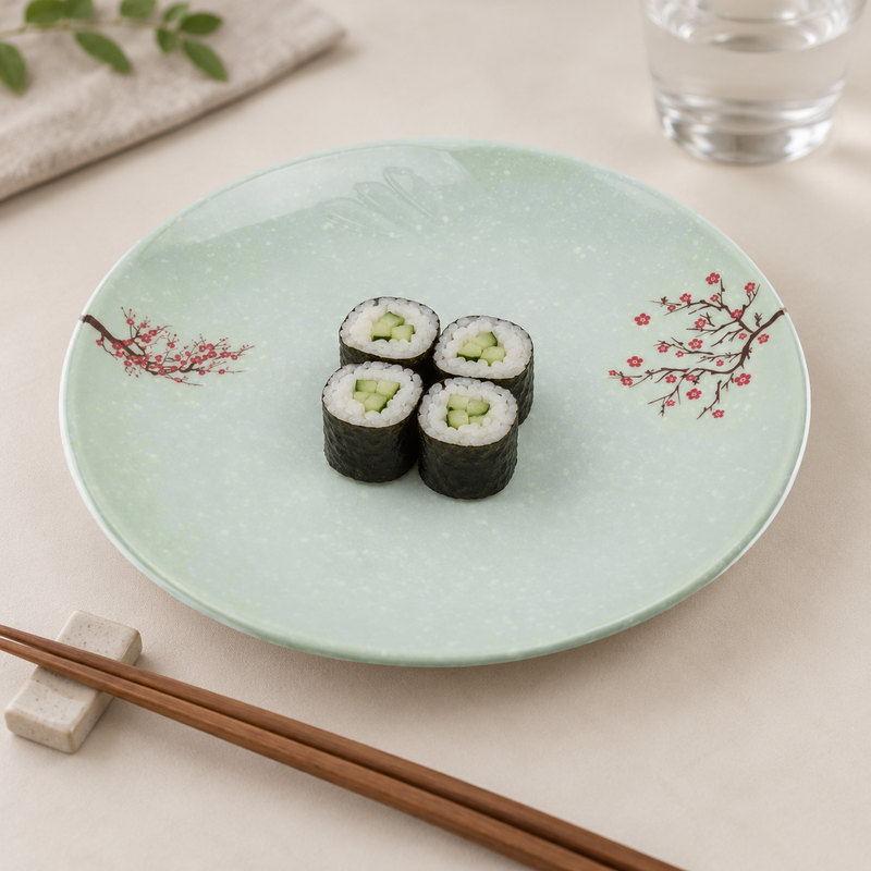 YG-812PB pale mint-green floral melamine plate with four cucumber maki