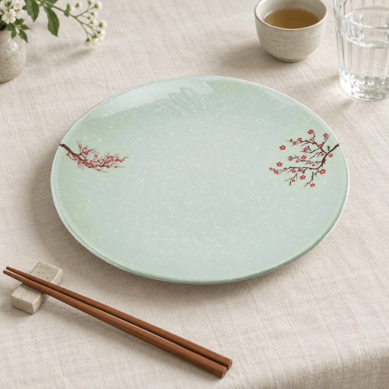YG-812PB pale mint-green floral melamine plate with tea, water and chopsticks