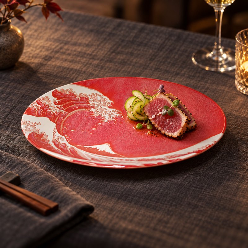 YG212-RWV red wave ceramic plate with seared tuna and cucumber