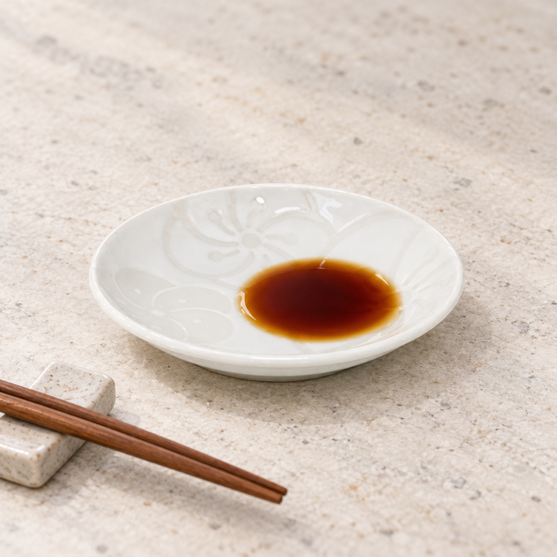 YG24-KP white Kyo Plum ceramic sauce dish with a small pool of soy sauce