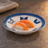 YG265-CT1 blue and white five-cat ceramic plate with two salmon nigiri
