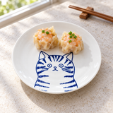 YG265-CT4 blue and white tabby cat ceramic plate with two shrimp dumplings