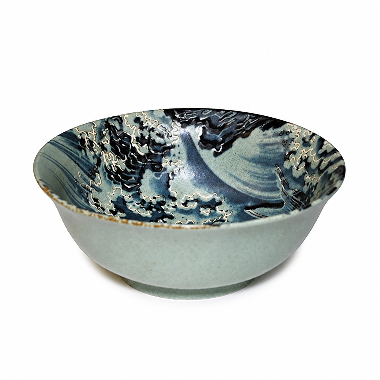 YG573-WCA: Angled pale celadon bowl with blue koi and wave interior on white.