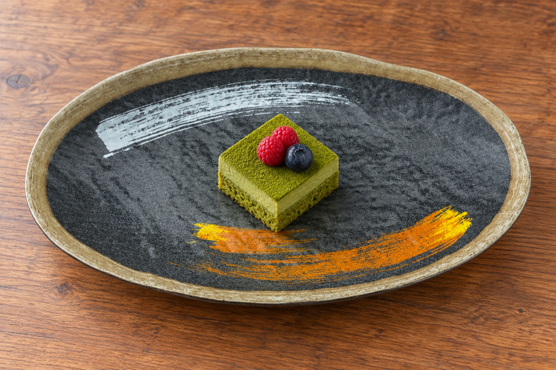 YG-5995BP Brush Painting melamine oval plate with matcha cake and berries.