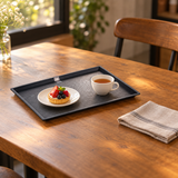 YG-TY1513 black melamine tray with a petite berry tart on a separate plate and a tea cup, serving suggestion