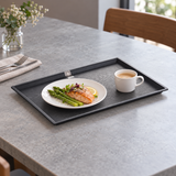 YG-TY1513 black melamine tray with a salmon plate and small cup, serving suggestion