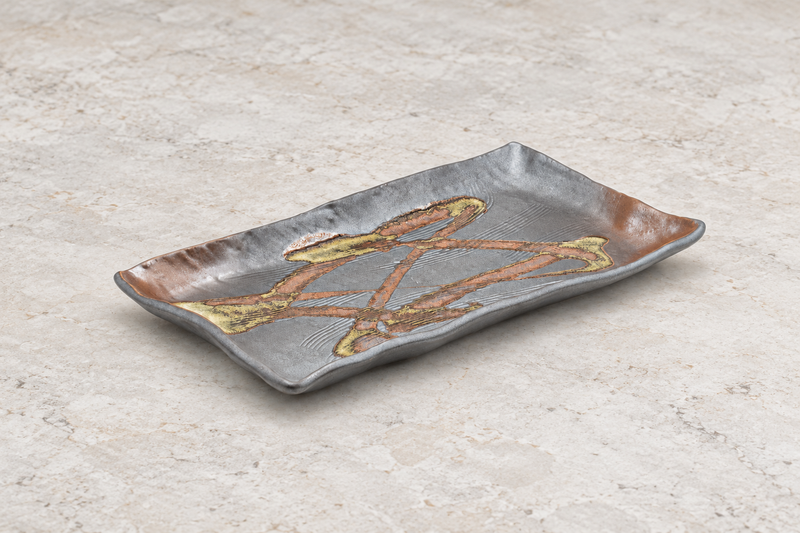 Brown YK212-WS rectangular brushwork ceramic plate on a pale tabletop.