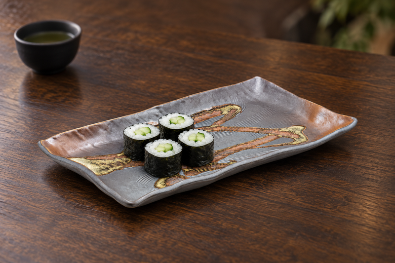 Four compact maki rolls on the brown YK212-WS rectangular brushwork plate.