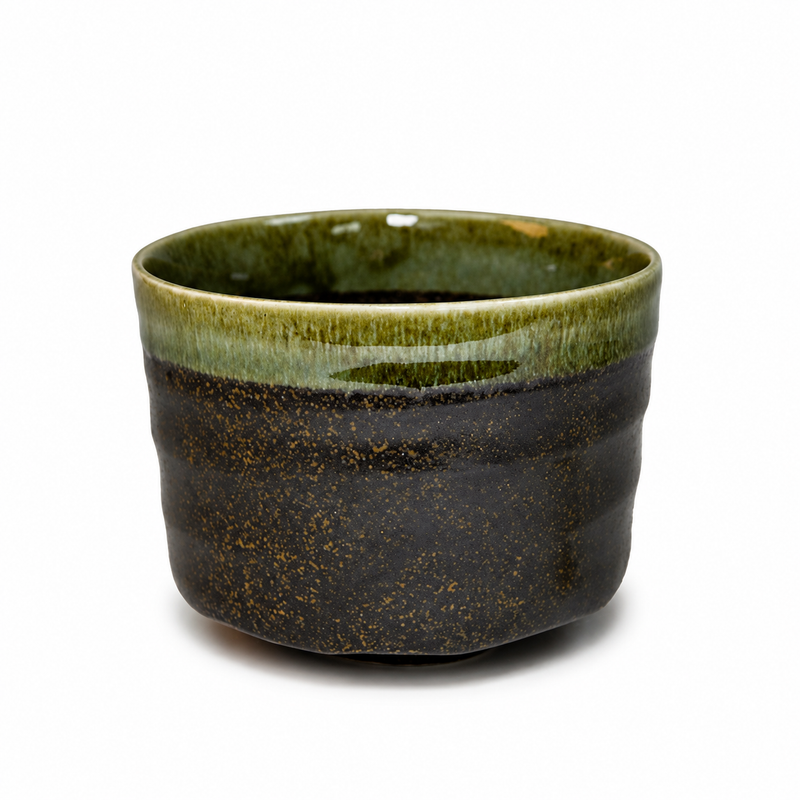 16 oz Dark Ceramic Matcha Bowl with Green Rim, 4-inch