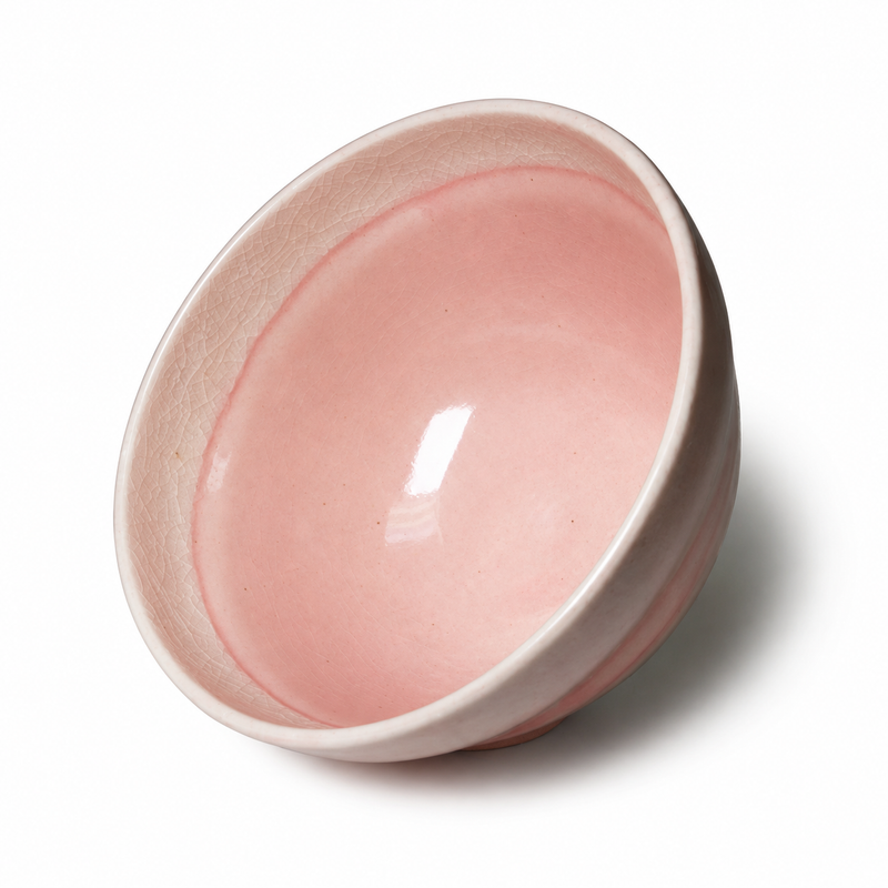 Tilted pink ceramic bowl showing the cream upper band, pink interior center and small pale circular foot.