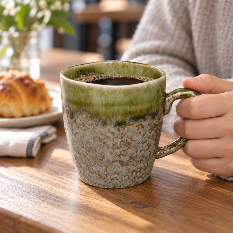 YT72-1 olive-green and mottled ceramic mug held by its handle with coffee