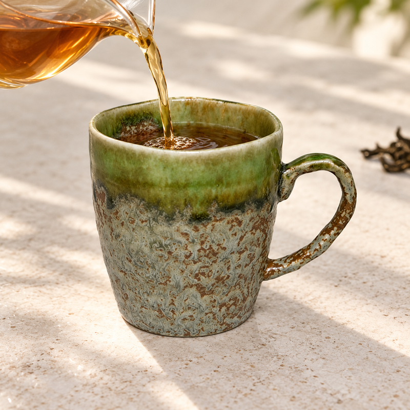 YT72-1 olive-green and mottled ceramic mug receiving tea from a separate server