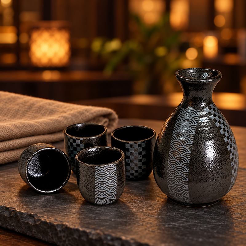 YW92-BK black patterned sake bottle and four cups in a restaurant tabletop setting