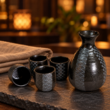 YW92-BK black patterned sake bottle and four cups in a restaurant tabletop setting