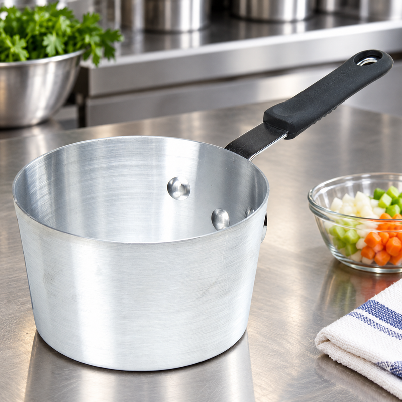 10 Qt Aluminum Saucepan with Bakelite Handle — A long handle beyond the rim