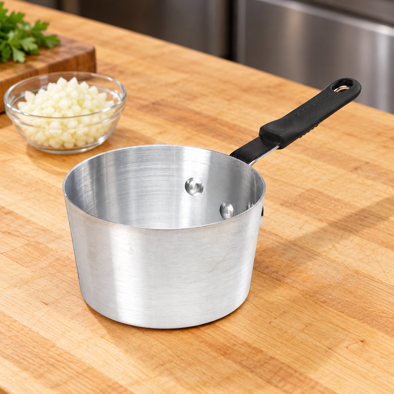 2.75 Qt Aluminum Sauce Pan with Bakelite Handle — Aluminum body with a riveted handle