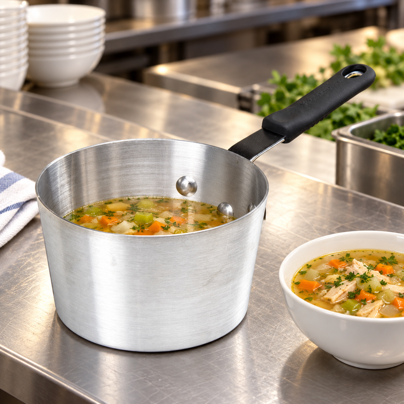 5.5 Qt Aluminum Sauce Pan with Bakelite Handle — A long grip for a deep vessel