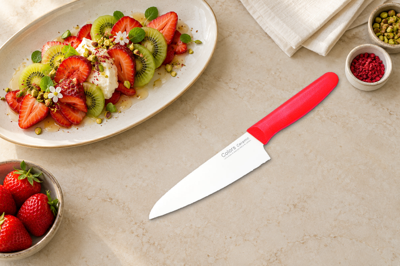 F-2117 white ceramic chef's knife with red handle