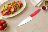 Colors F-2117 red ceramic knife beside a plated fruit dessert at a finishing station