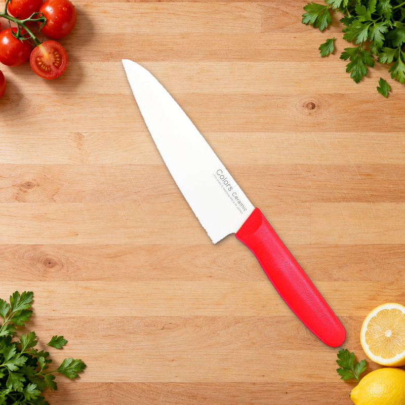 F-2117 white ceramic chef's knife with red handle