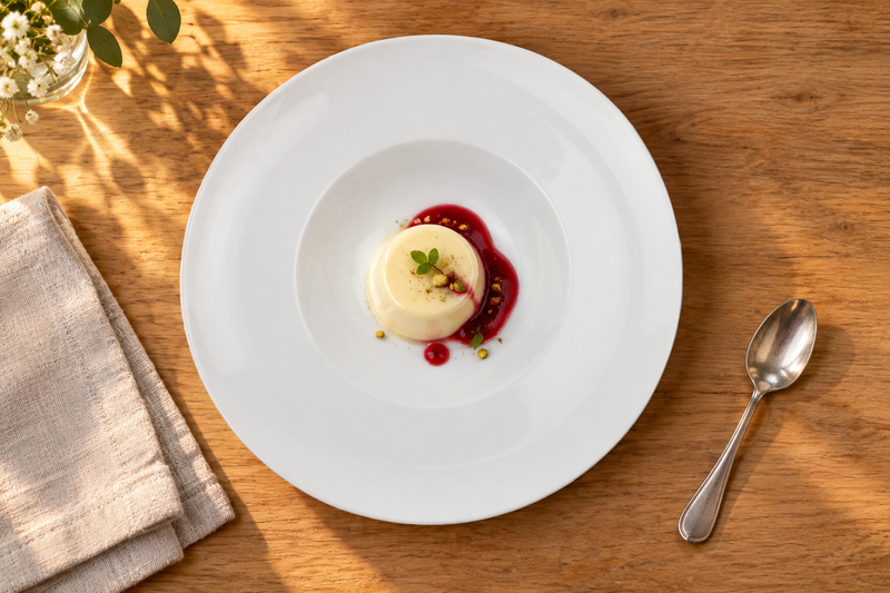 White wide-rim porcelain plate with a petite panna cotta and a small pool of coulis.