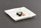 FL211 white fine-line floral square plate with three cucumber maki rolls and ginger