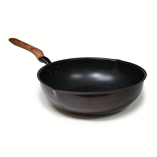 12.60" Aluminum Stir-Fry Pan with Wood Handle — Deep sides for stir-frying