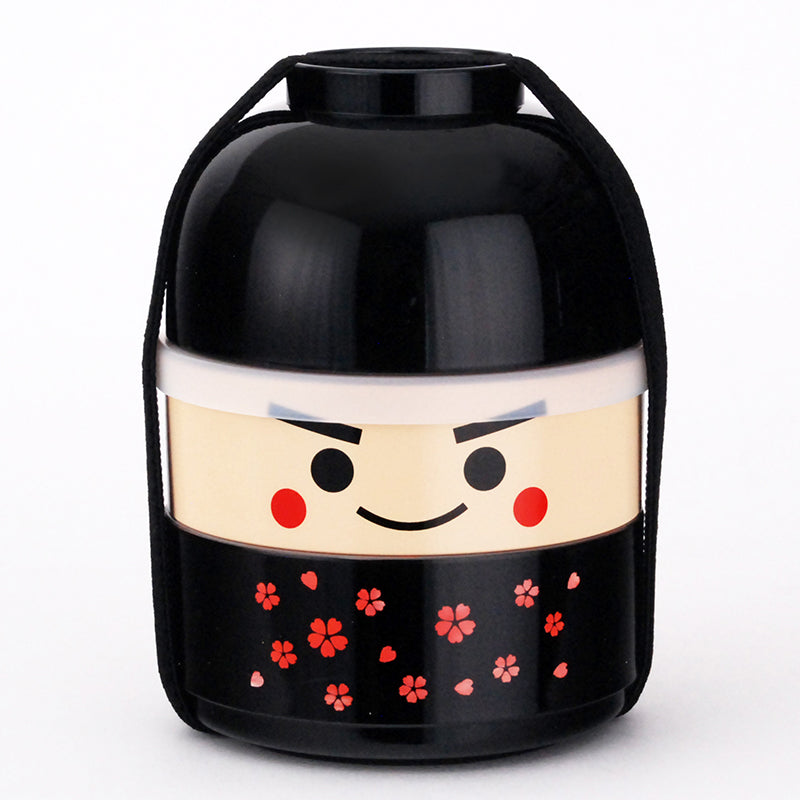 Two-Tier Smiling Character Bento Box with Red Flowers