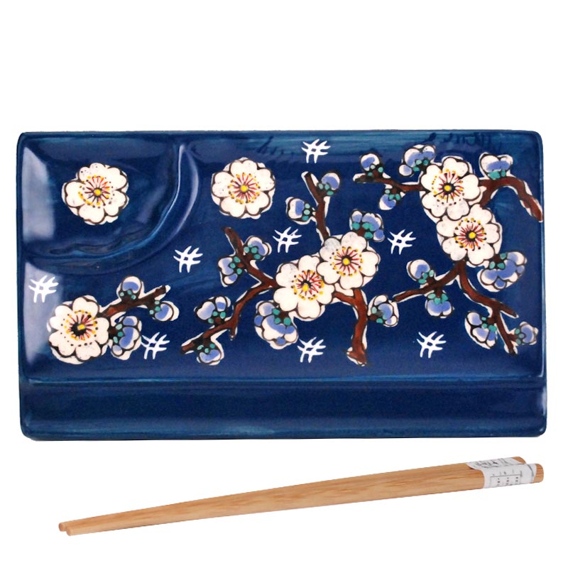 Blue & White Blossom Sushi Plate with Sauce Well — SFP3-6719