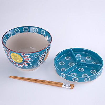 Teal Floral Ceramic Bowl with Divided Lid & Chopsticks, 20 oz — SFC1-5331