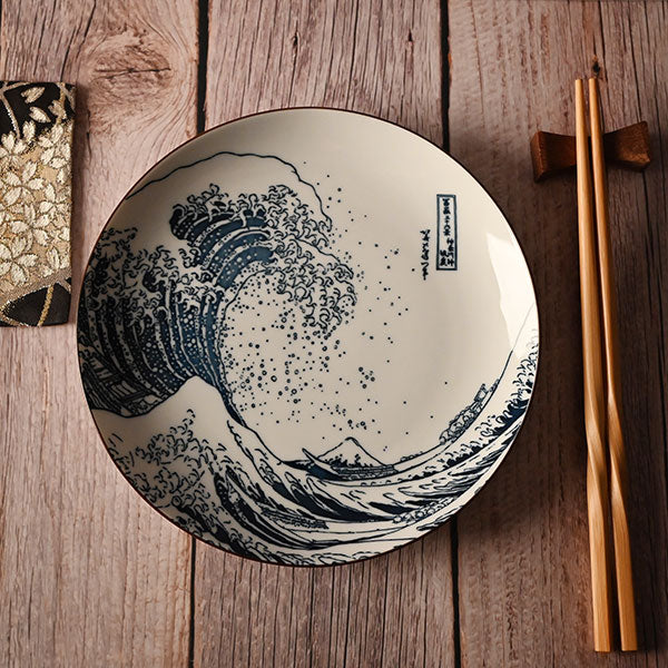 SH275-H blue wave ceramic plate on a wood table