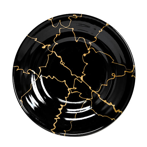 K590-LIT1 glossy black ceramic plate with gold-colored line pattern, top view