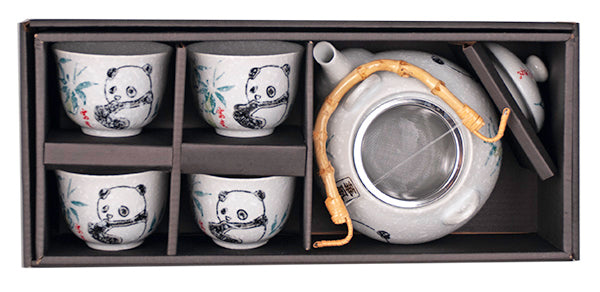 Panda and Bamboo Tea Set with Four Cups and Mesh Infuser
