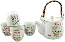 White Lucky Cat Tea Set with 4 Cups
