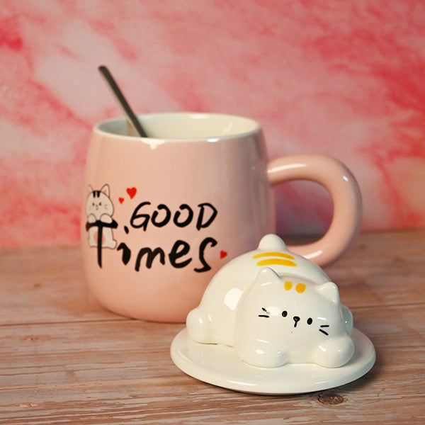 15 oz Pink Cat Mug with Lid and Spoon — 5½ in H