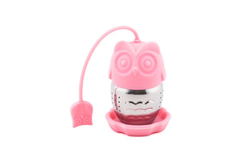 Pink owl tea infuser with silicone top and stainless steel body