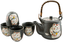 Black Lucky Cat Tea Set with 4 Cups